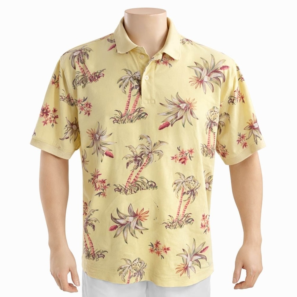 Cutter & Buck Hawaiian Shirt XL Polo Floral Palm Trees‎ Yellow Green